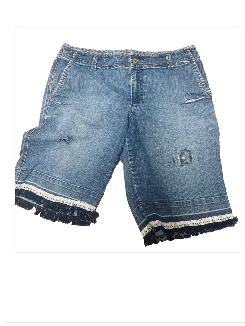 Women's Distressed Denim Shorts with Lace Trim - Blue Upcycle